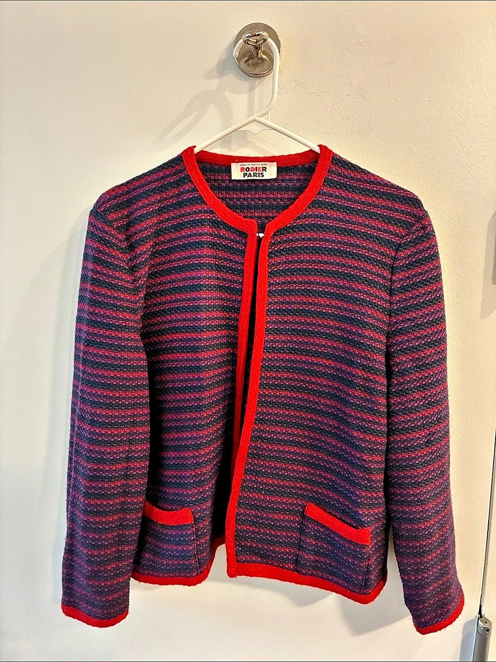 Women’s Vintage Rodier Paris Striped Wool Blazer Sweater in Blue & Red
